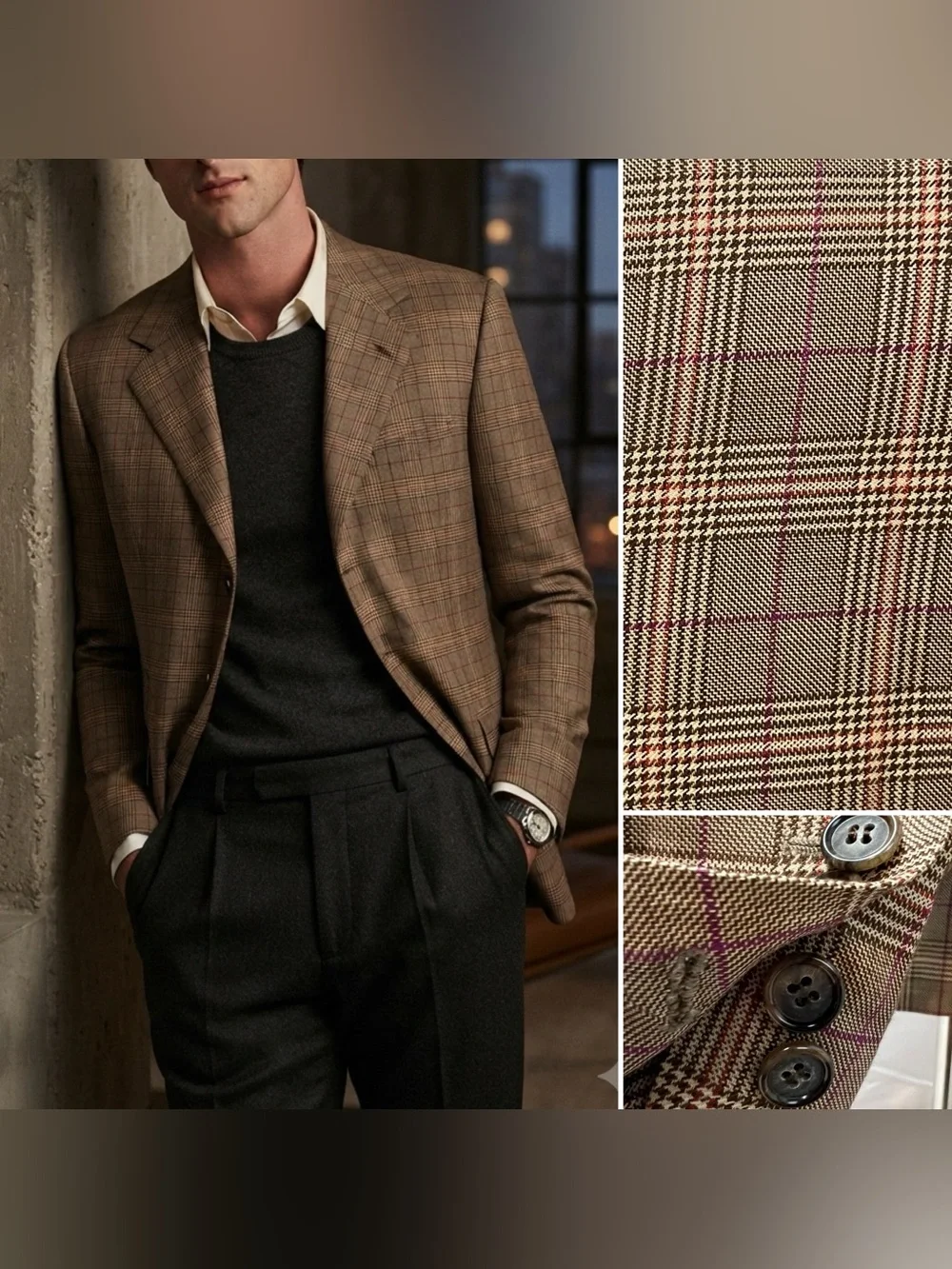 Bespoke Custom Men's 42L Tan Windowpane Glen Plaid Purple Check Blazer Jacket